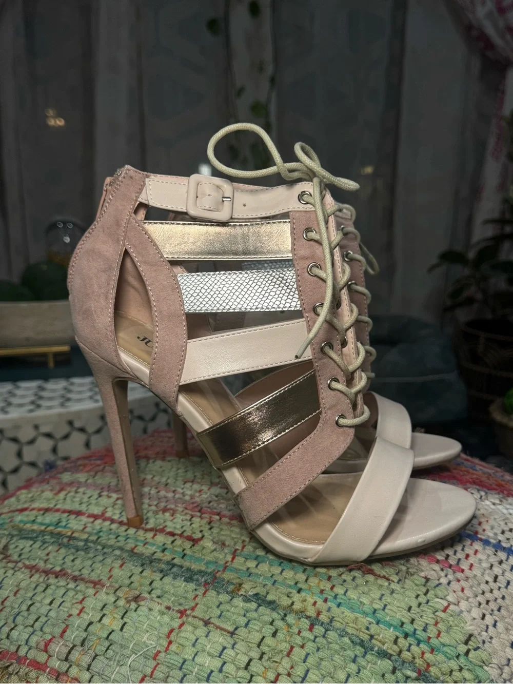 🪩🩰 Women's Strappy Lace-Up High Heel Stilleto Sandals in Blush and Metallic 🩰🪩